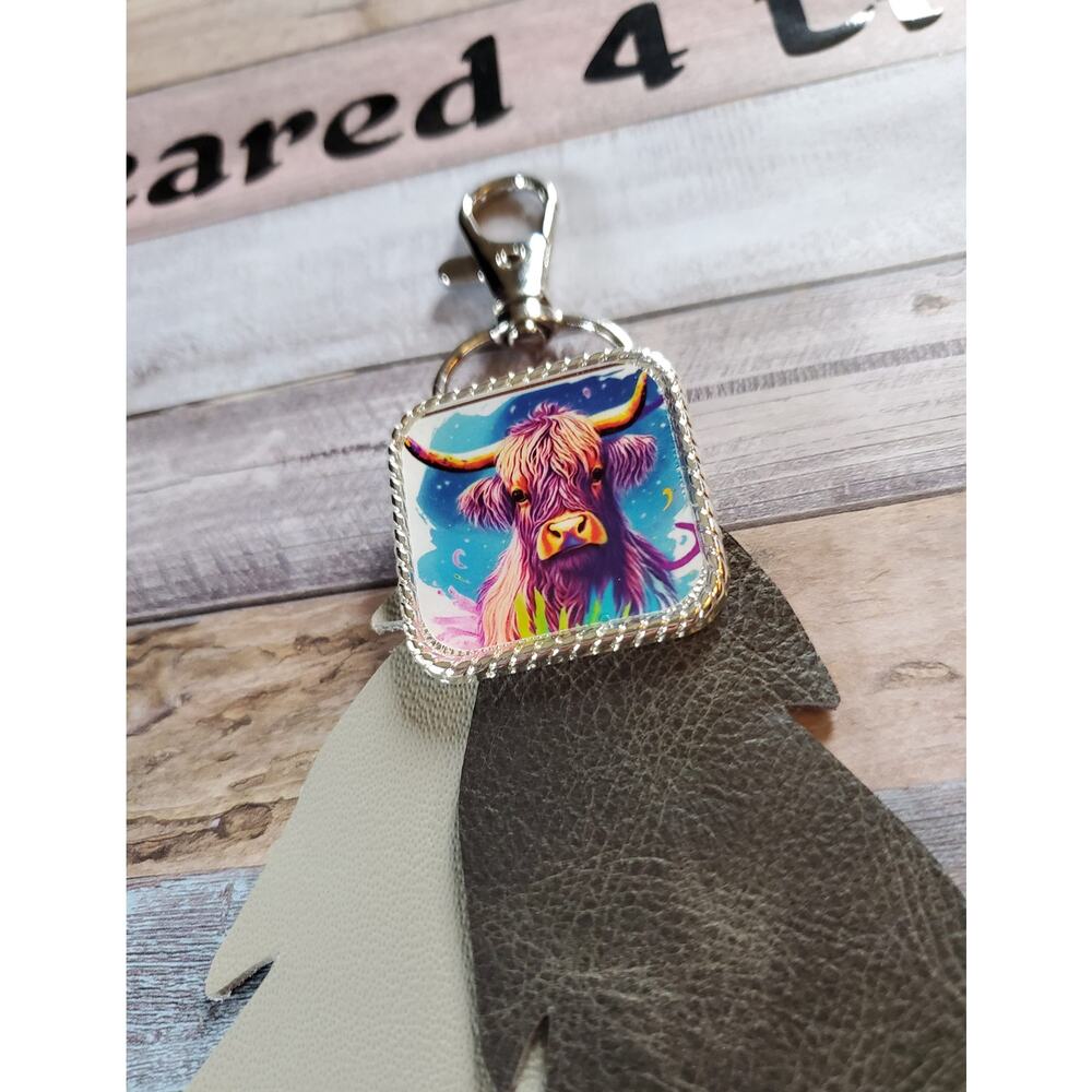 Handcrafted Leather Feather & cow lover concho keychain, saddle charm, cow gifts
